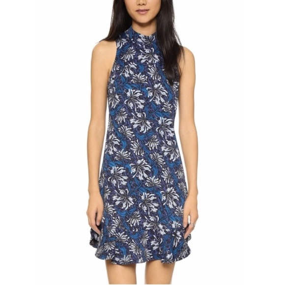 Rebecca Taylor Floral Mini Dress 4 Mystic Blue Mock Neck Sleeveless Ruffle Hem - Picture 2 of 12